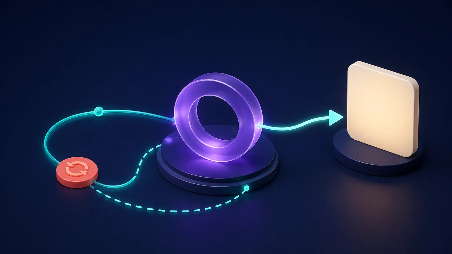A violet launch ring sends a teal light path toward a warm off-white destination panel, with a small coral restart marker.