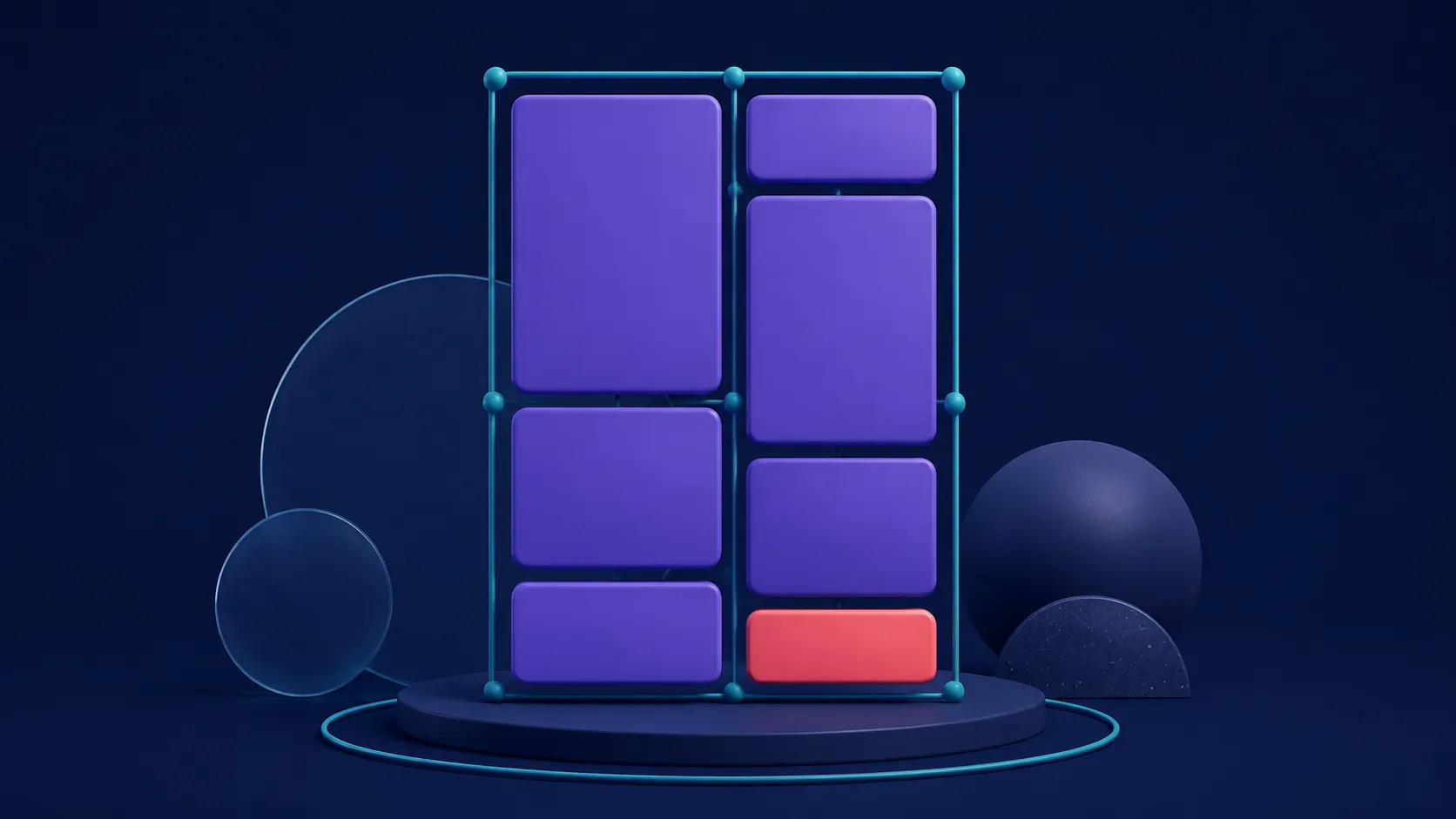 Violet cards of different heights flowing through a teal two-column masonry grid, with one coral card highlighted.