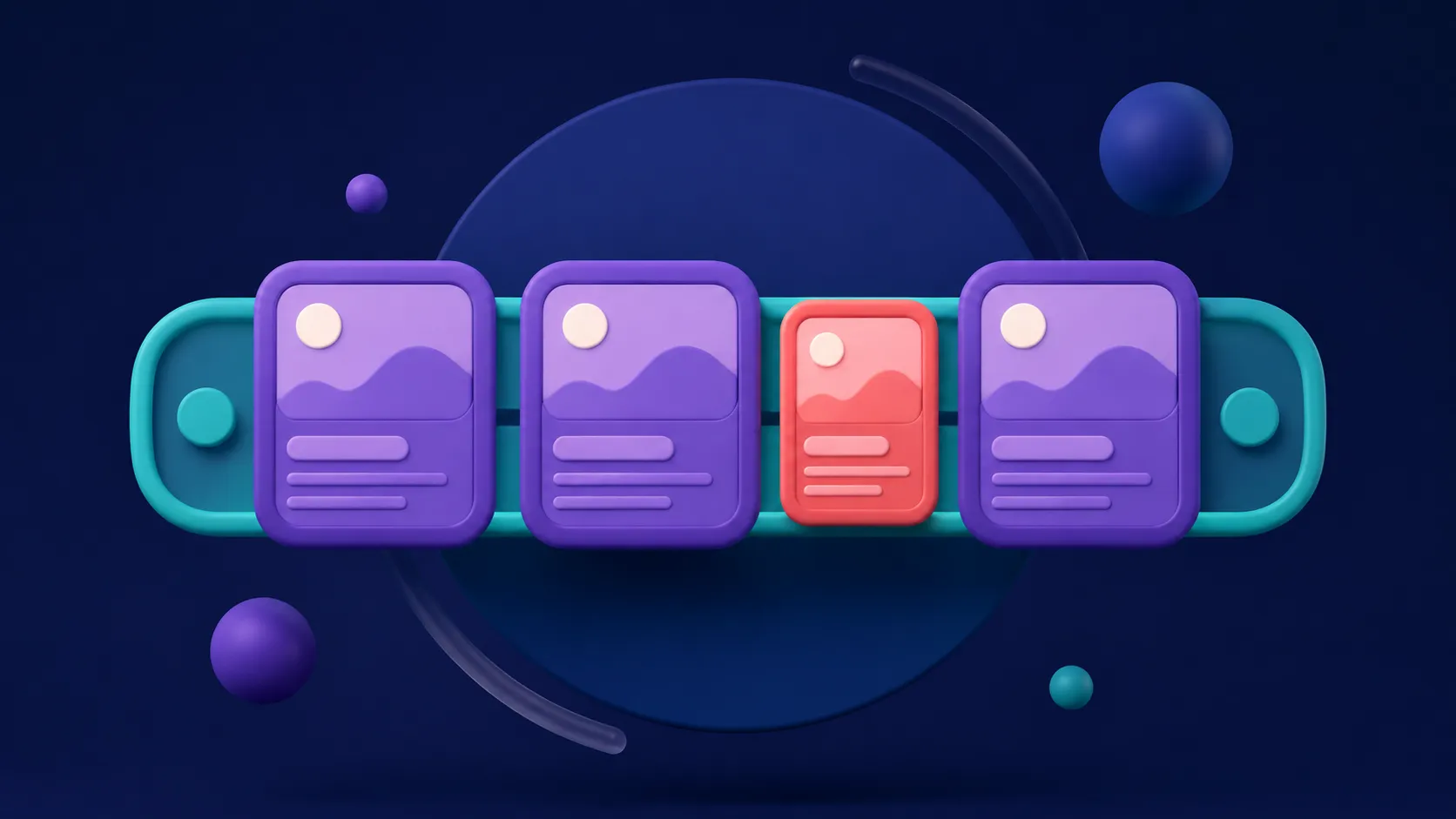 A dark abstract horizontal carousel with violet cards moving along a teal track and one coral highlighted item.