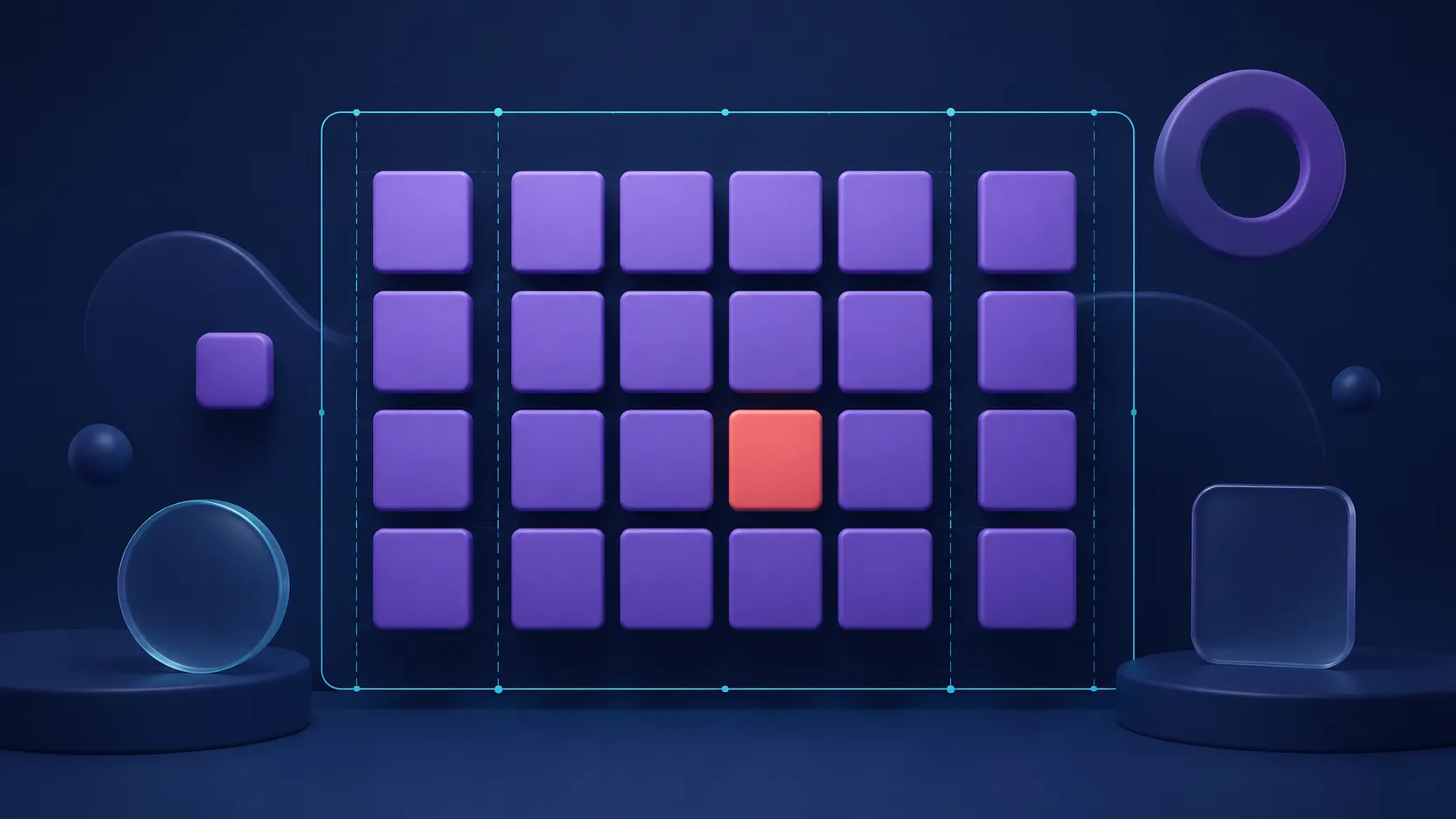 An abstract violet grid of cards arranged in responsive columns on a teal frame, with one coral highlighted card.