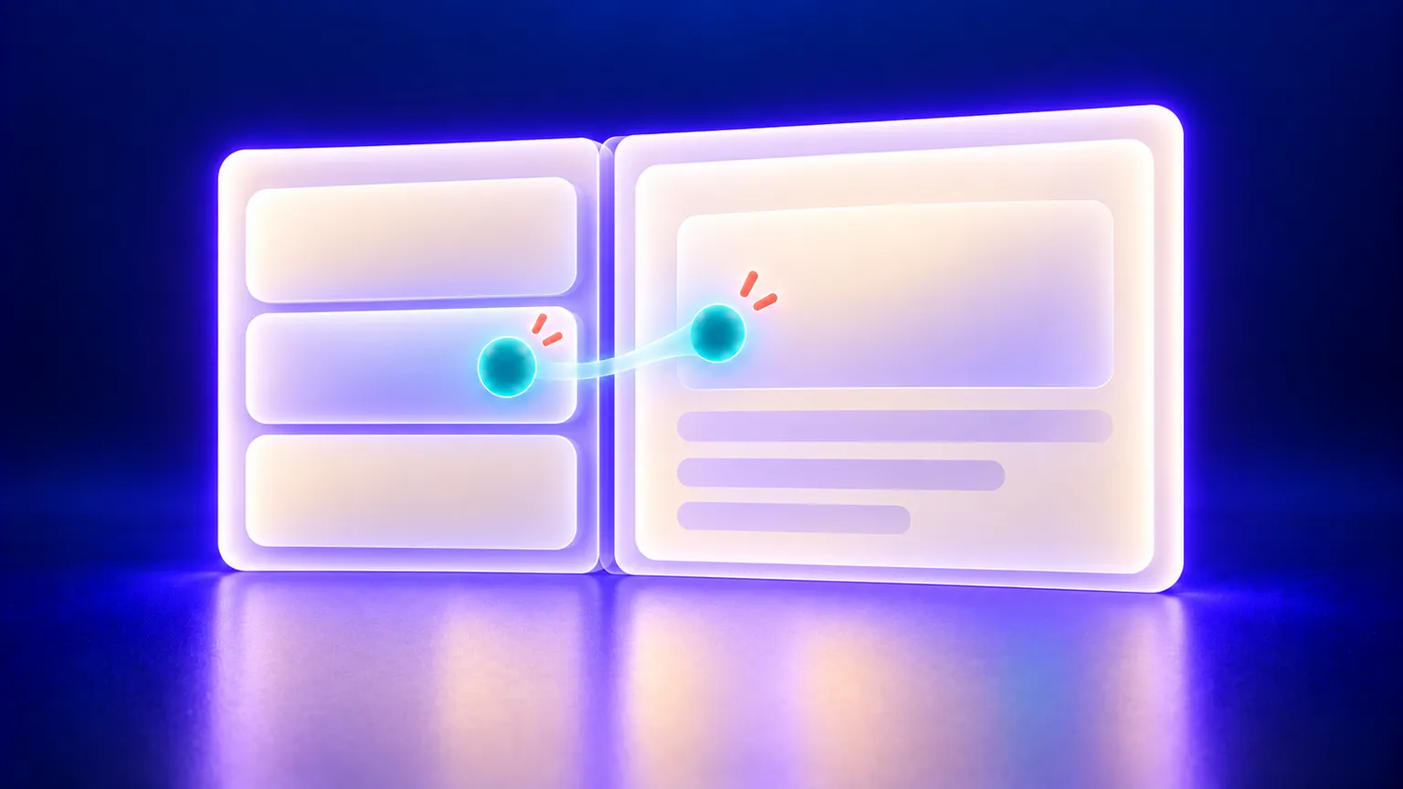 Three stacked warm off-white list tiles connect through a glowing violet divider to a larger detail pane, with teal selection markers and small coral accents on deep navy.