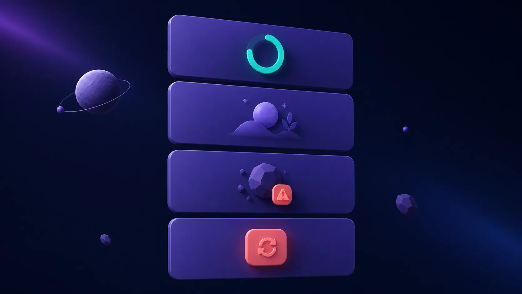 A violet list with a teal loading ring, an empty card, and a coral retry card on a dark navy background.