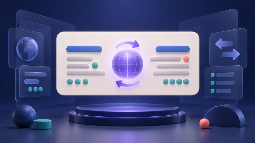 Localization, Plurals, and Right-to-Left Layouts in Compose A mirrored pair of abstract teal and blue content blocks surrounds a glowing violet globe on a warm off-white panel.