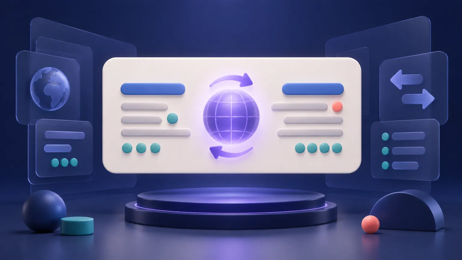 A mirrored pair of abstract teal and blue content blocks surrounds a glowing violet globe on a warm off-white panel.