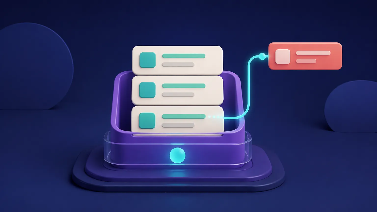 A teal stack of rounded collection cards flows into a violet state container, with one small coral card being added.