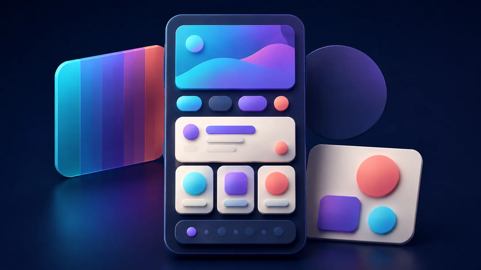 A dark technical design-system illustration with color swatches, type-scale lines, shape tokens, and a central mobile interface.