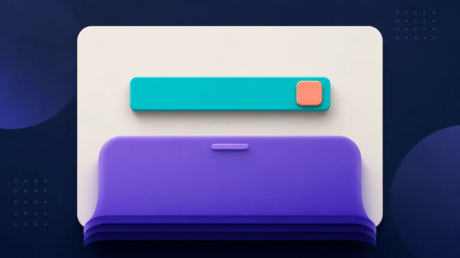 A stylized violet bottom sheet rising from a dark Compose screen with a teal feedback bar and a small coral action tile.