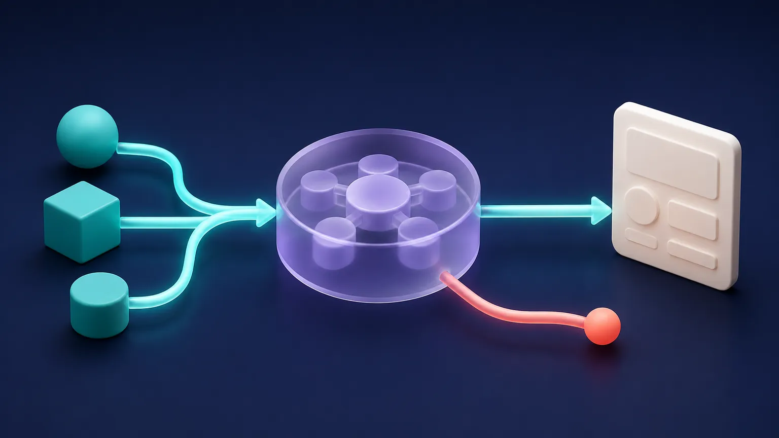 A teal input path enters a violet reducer hub, which produces a warm off-white state panel and a small coral one-time effect signal.