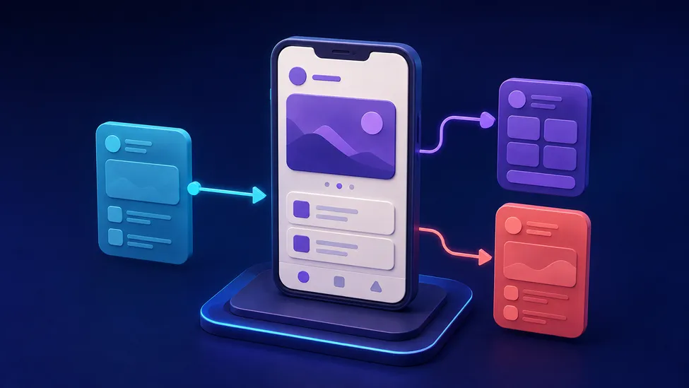Navigation Compose: Create Your First NavHost A dark navigation diagram showing a central mobile app screen connected to several destination panels with forward and back paths.