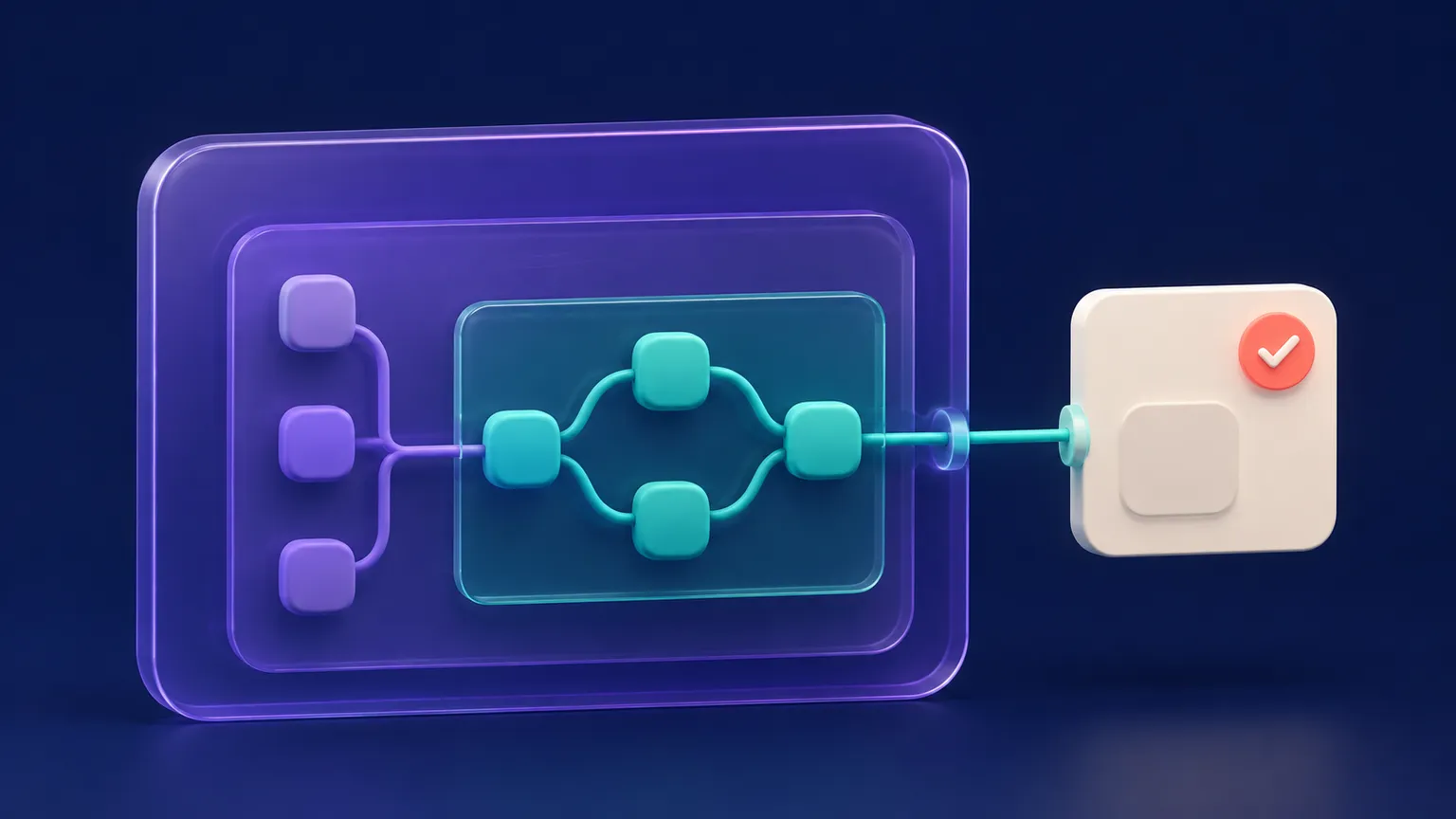 A violet navigation graph container holds a smaller teal subgraph leading through connected cards to a warm off-white destination.