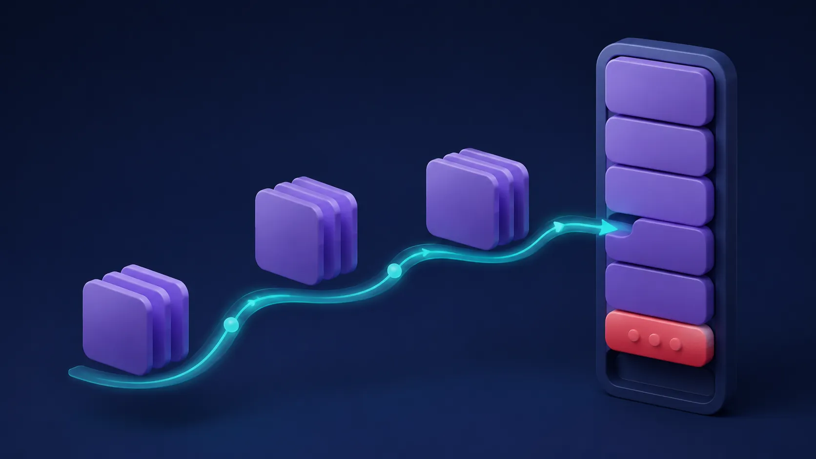 Violet cards arriving in small groups along a teal path into a vertical list, with one coral loading card.