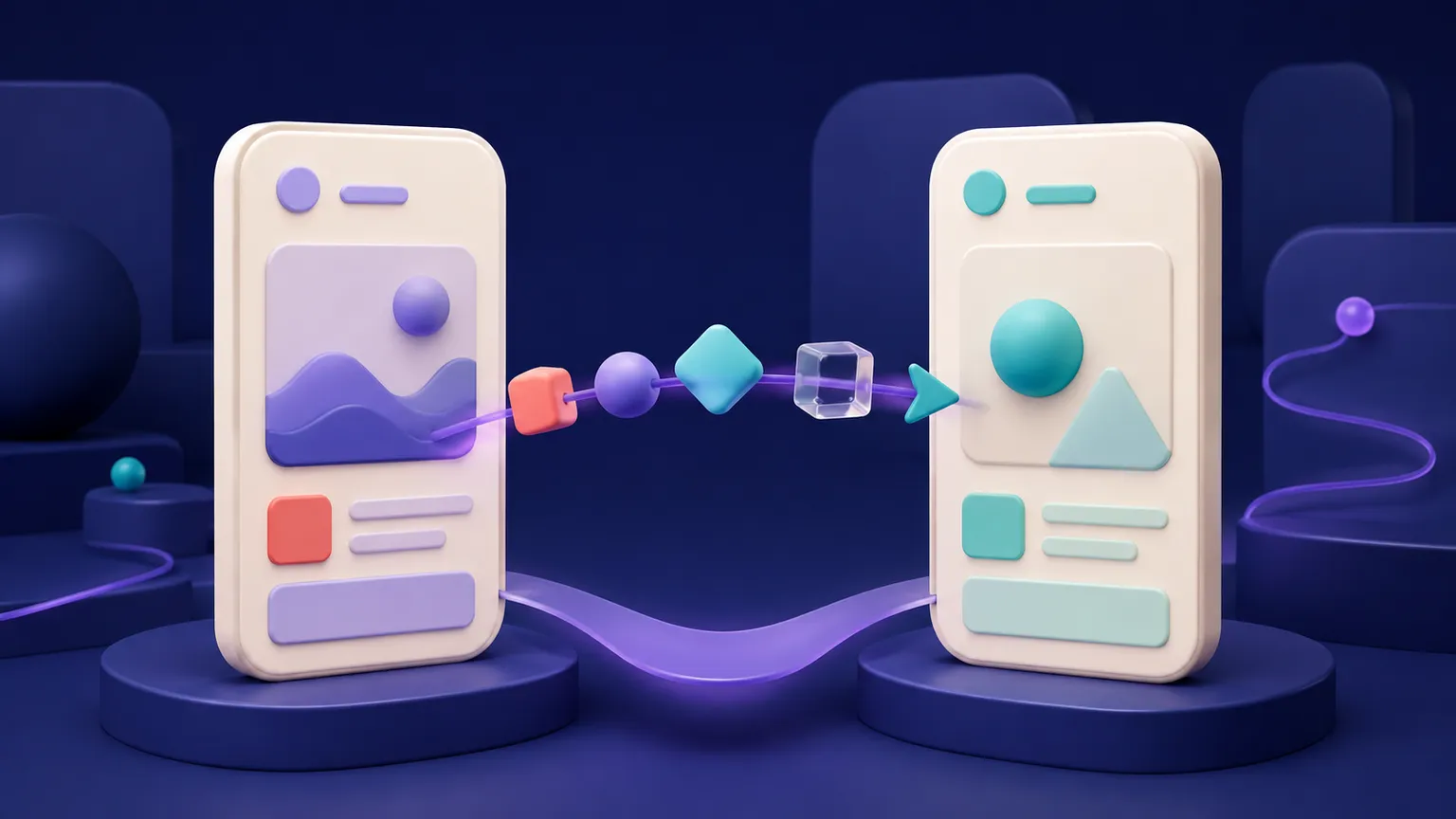 Two stylized destination screens connected by a path carrying colored data tokens from one screen to another.