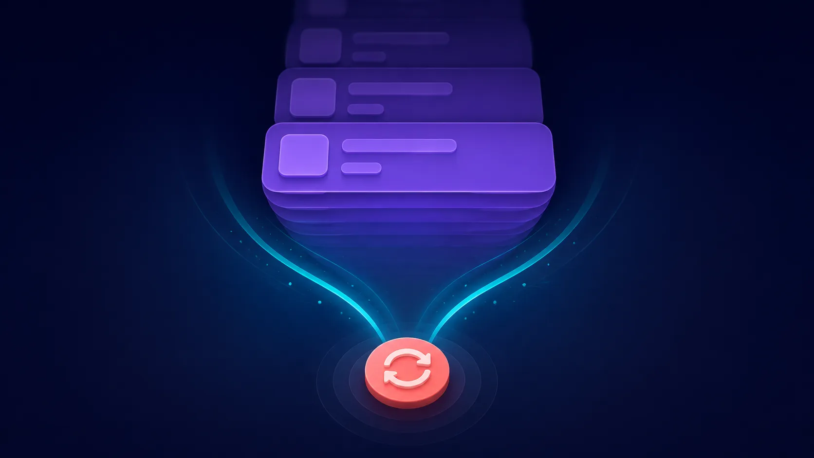A violet vertical list pulled downward along a teal arc toward a coral refresh indicator on a dark navy background.