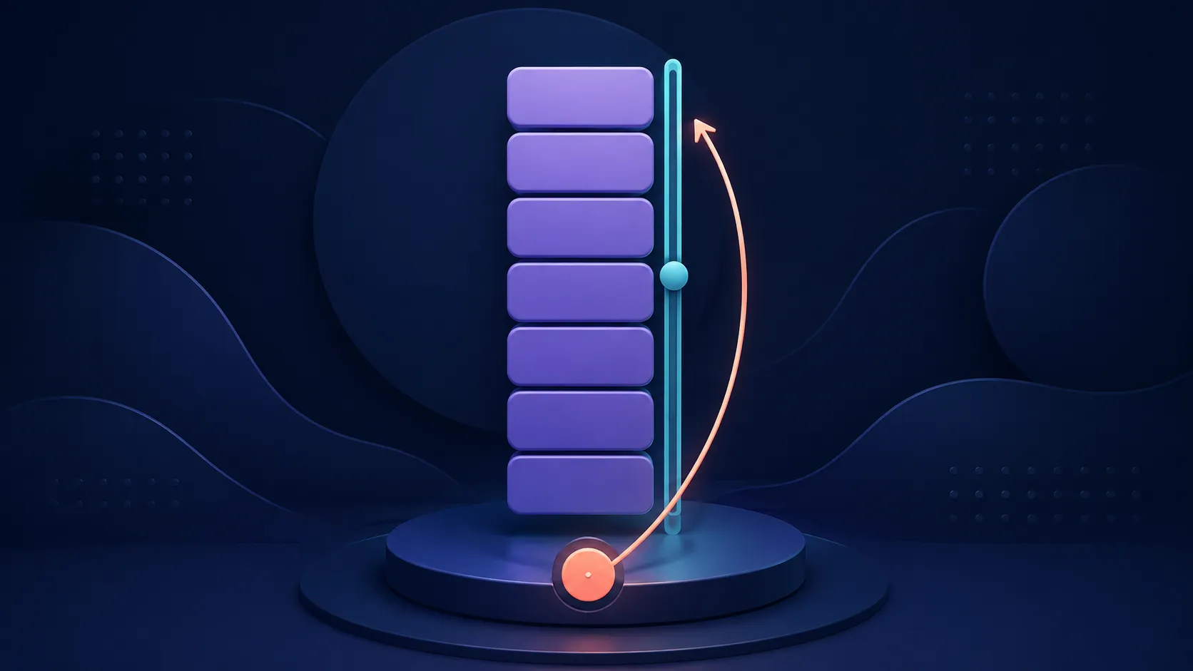 A violet vertical list moving along a teal scroll track with a coral button returning to the top.