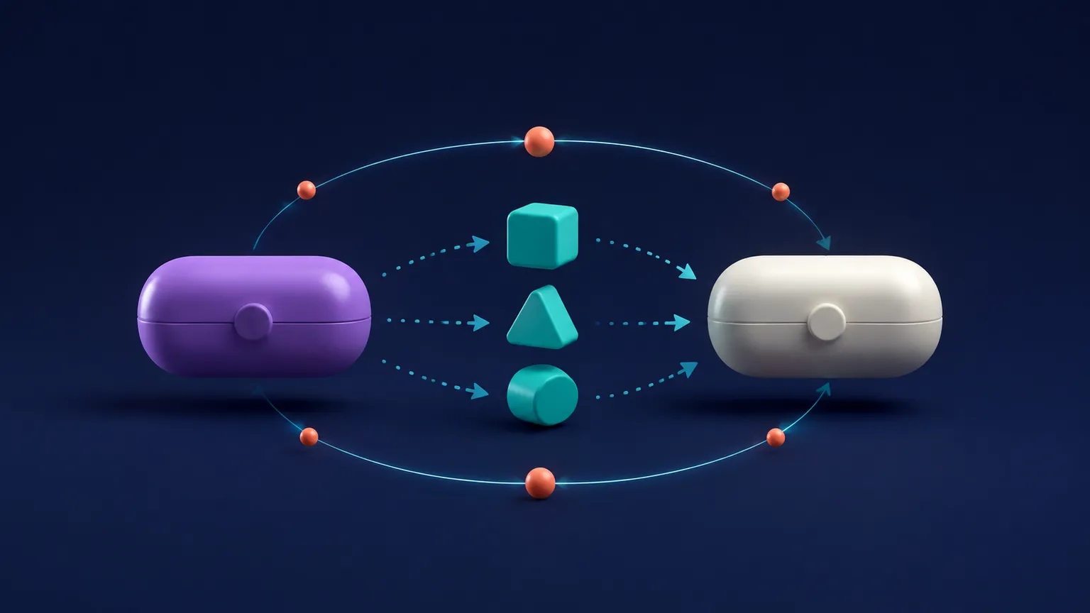 A stylized violet state capsule splitting into small teal save tokens and restoring into a matching capsule.