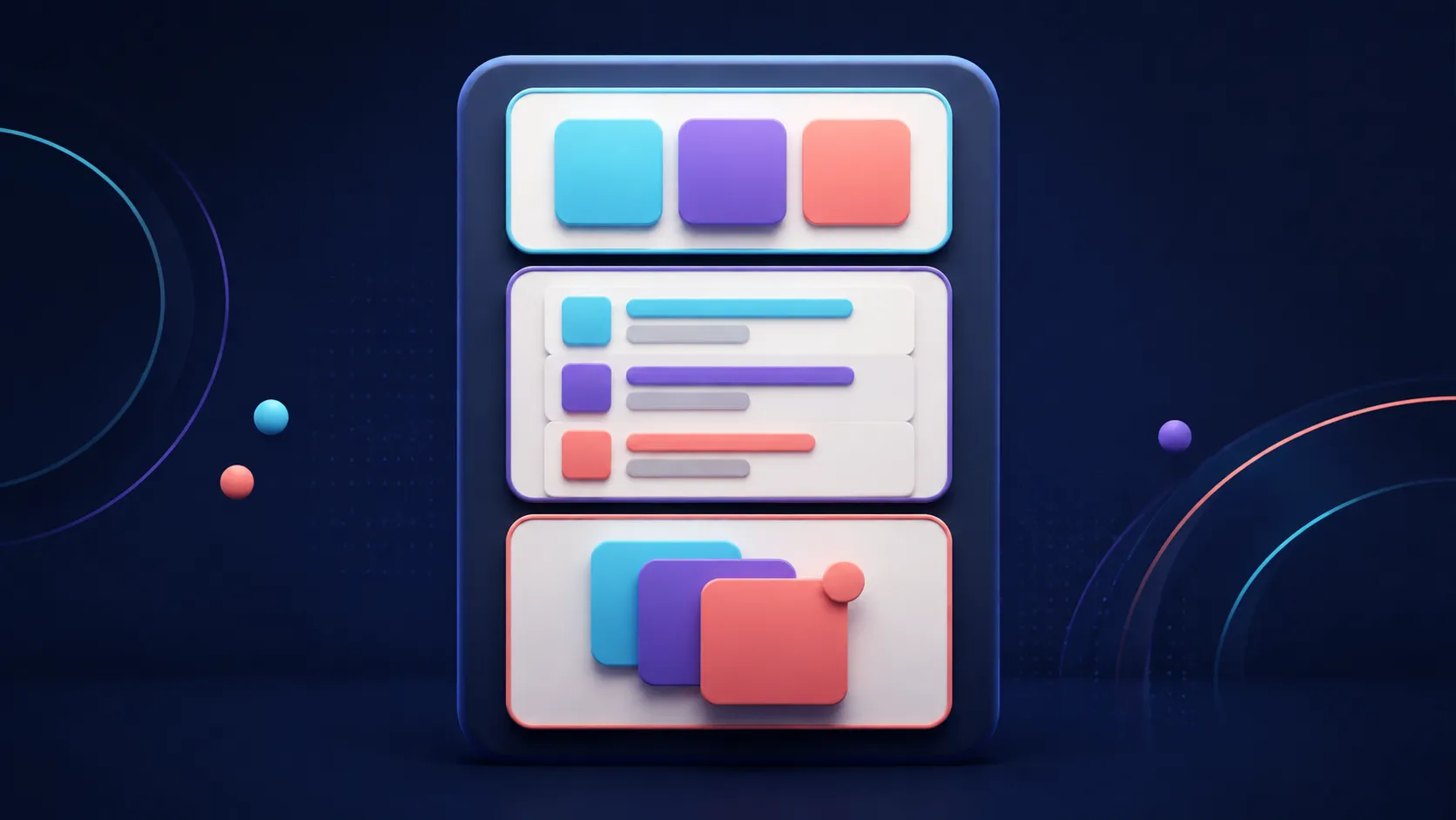 An abstract dark interface diagram showing horizontal, vertical, and overlapping card layouts for Jetpack Compose.