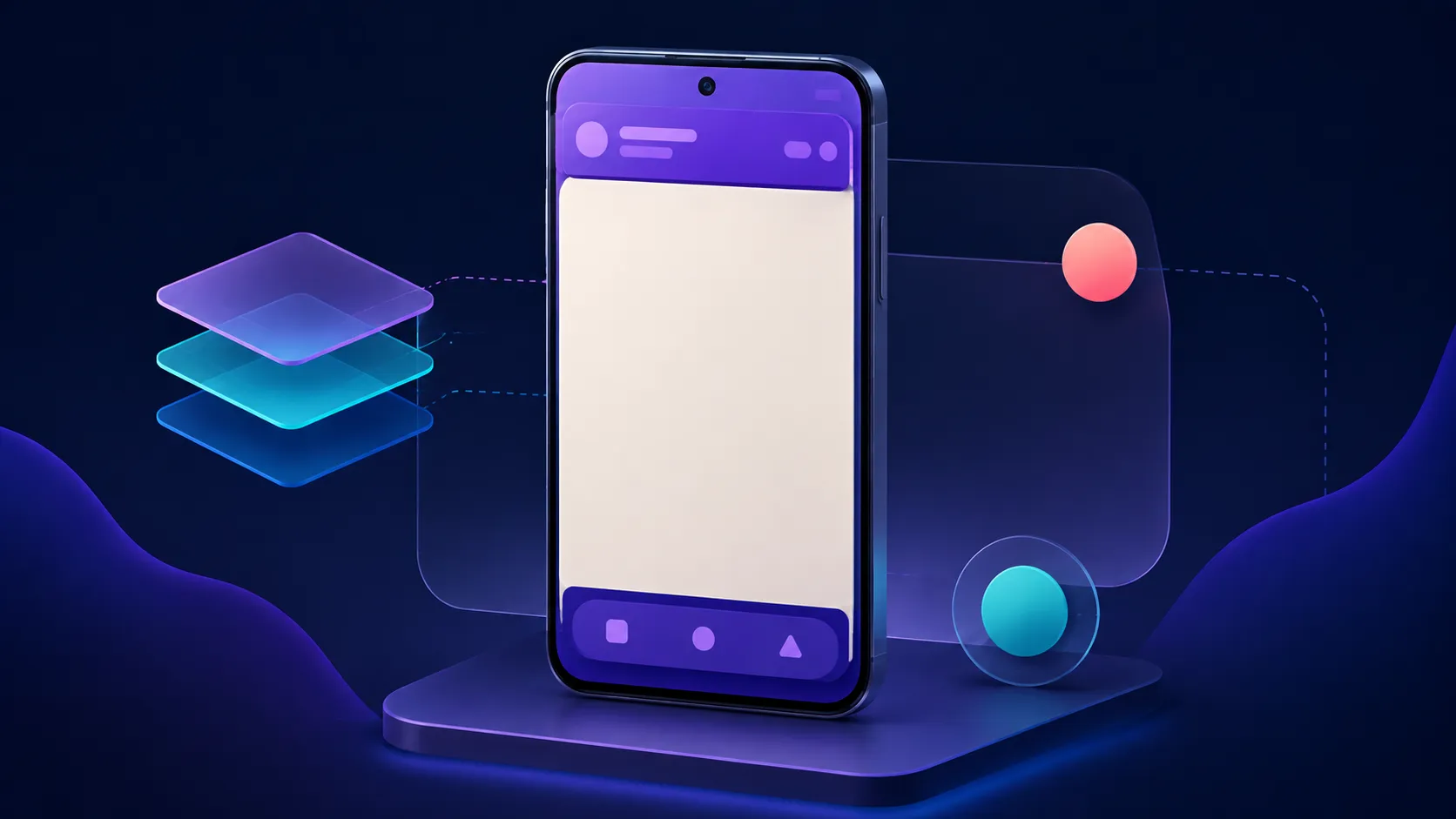 A dark mobile UI illustration showing a top app bar, bottom navigation, floating action button, and highlighted safe areas around a phone screen.