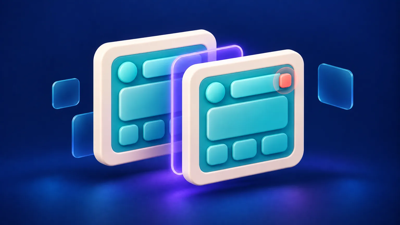 Two layered warm off-white preview frames align around a teal interface panel, with a violet comparison halo and a small coral difference marker on a deep navy background.