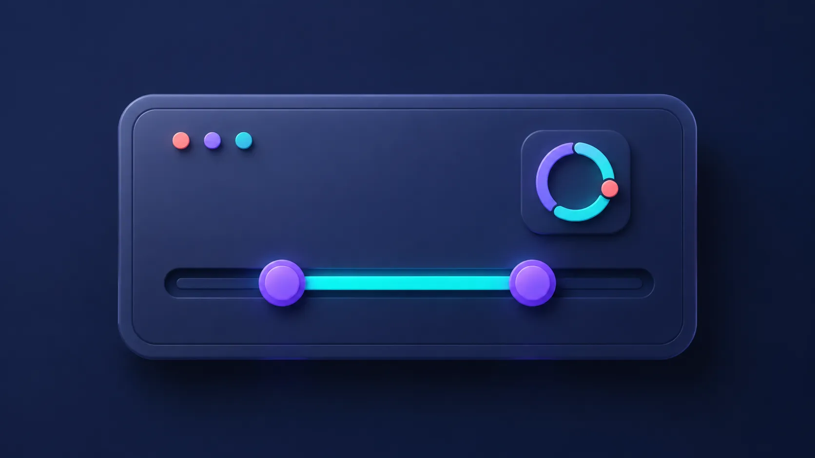 An abstract dark control panel with a teal slider thumb, two range handles, and a glowing circular progress ring.