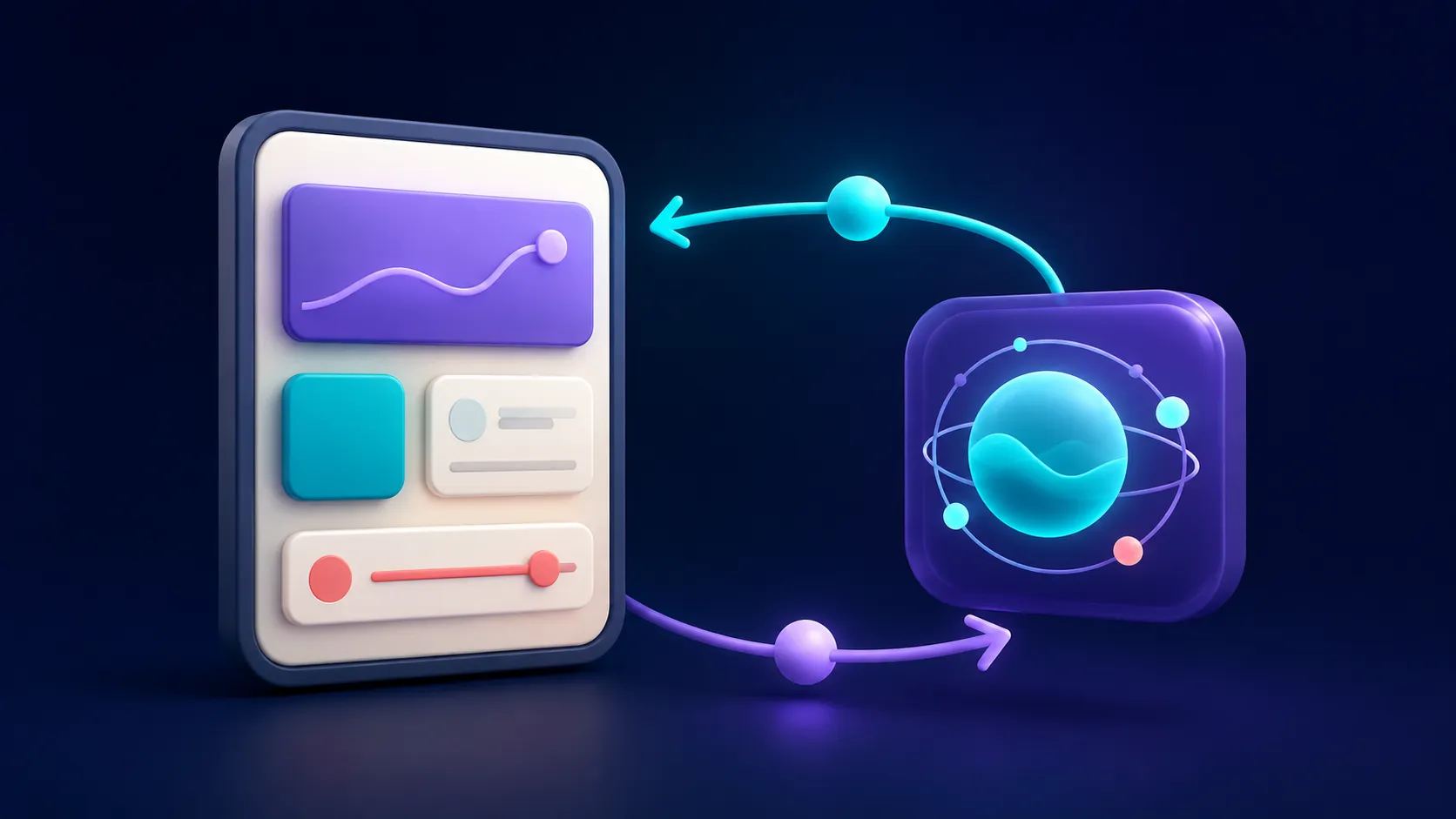 A dark technical illustration showing shared UI state in a parent container flowing to multiple synchronized child interface panels.
