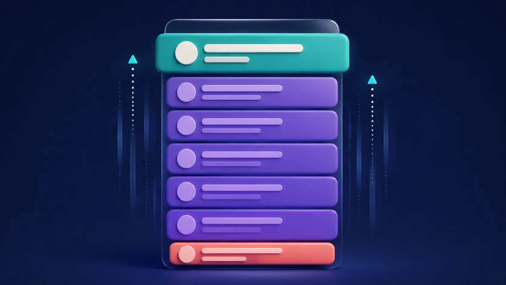 A violet vertical list with a fixed teal section header and a small coral footer on a dark navy background.