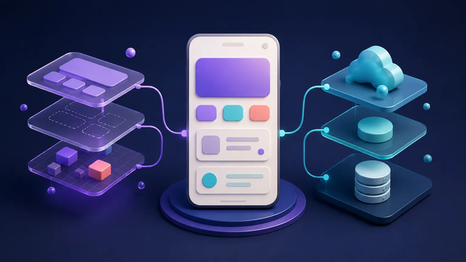 A stylized phone UI connected to separate translucent layers representing Compose presentation, state, and data responsibilities.