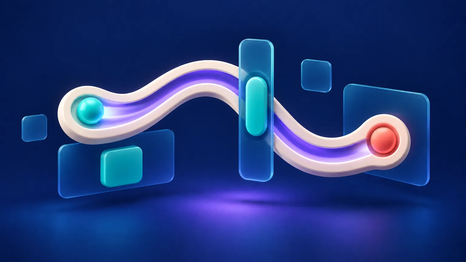 A teal interactive control follows a curved violet path through a warm off-white input channel toward a small coral destination marker on a deep navy background.