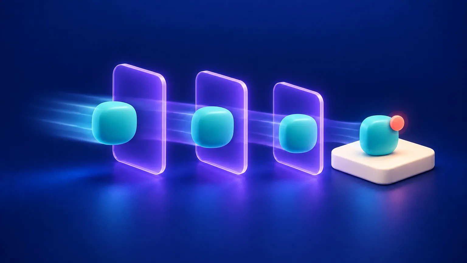 A teal object moves through three translucent violet time rings toward a warm off-white endpoint with a small coral timing marker on a deep navy background.
