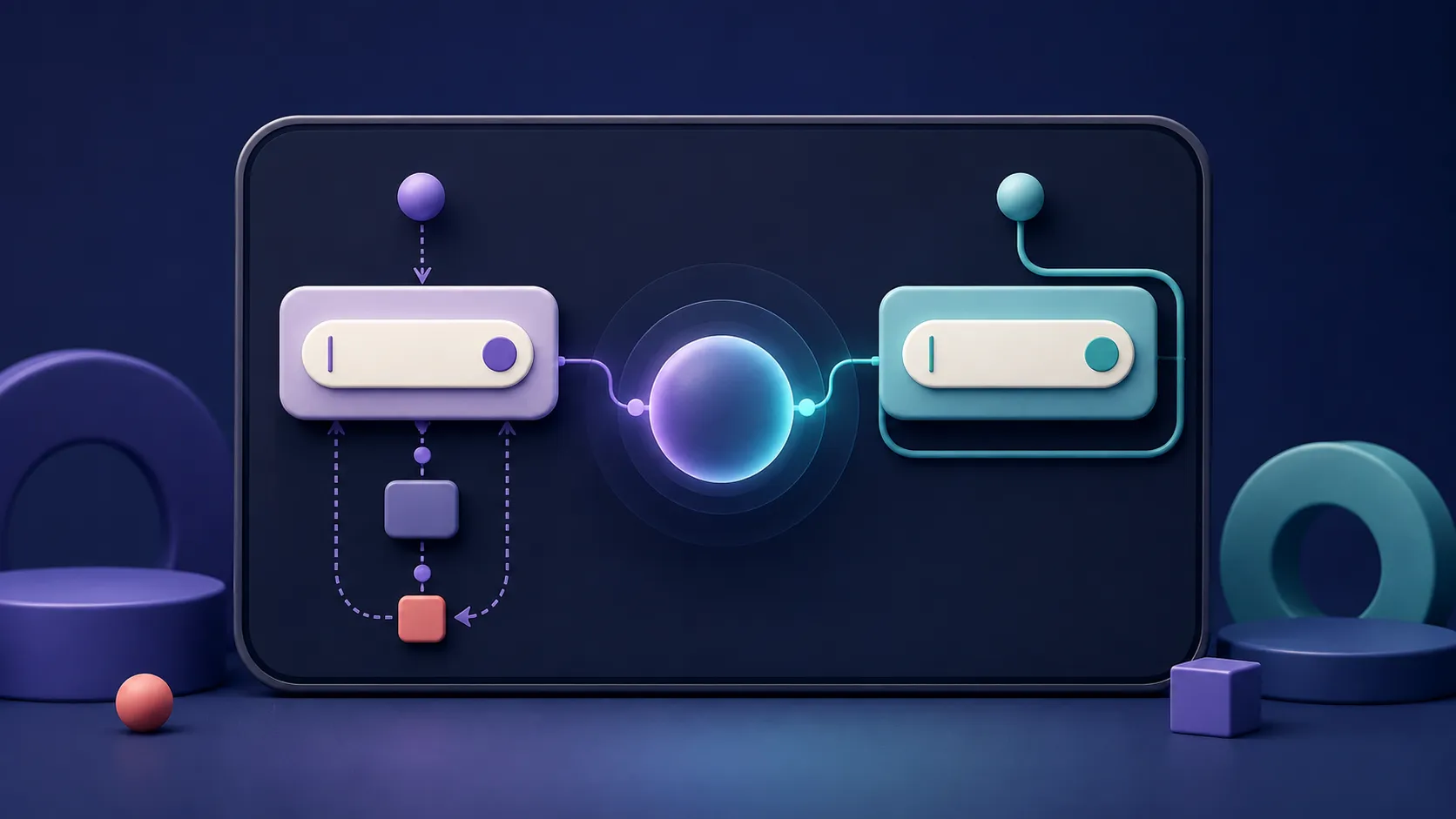Two abstract Compose input modules connected to a central glowing state node, showing two different text input state flows.