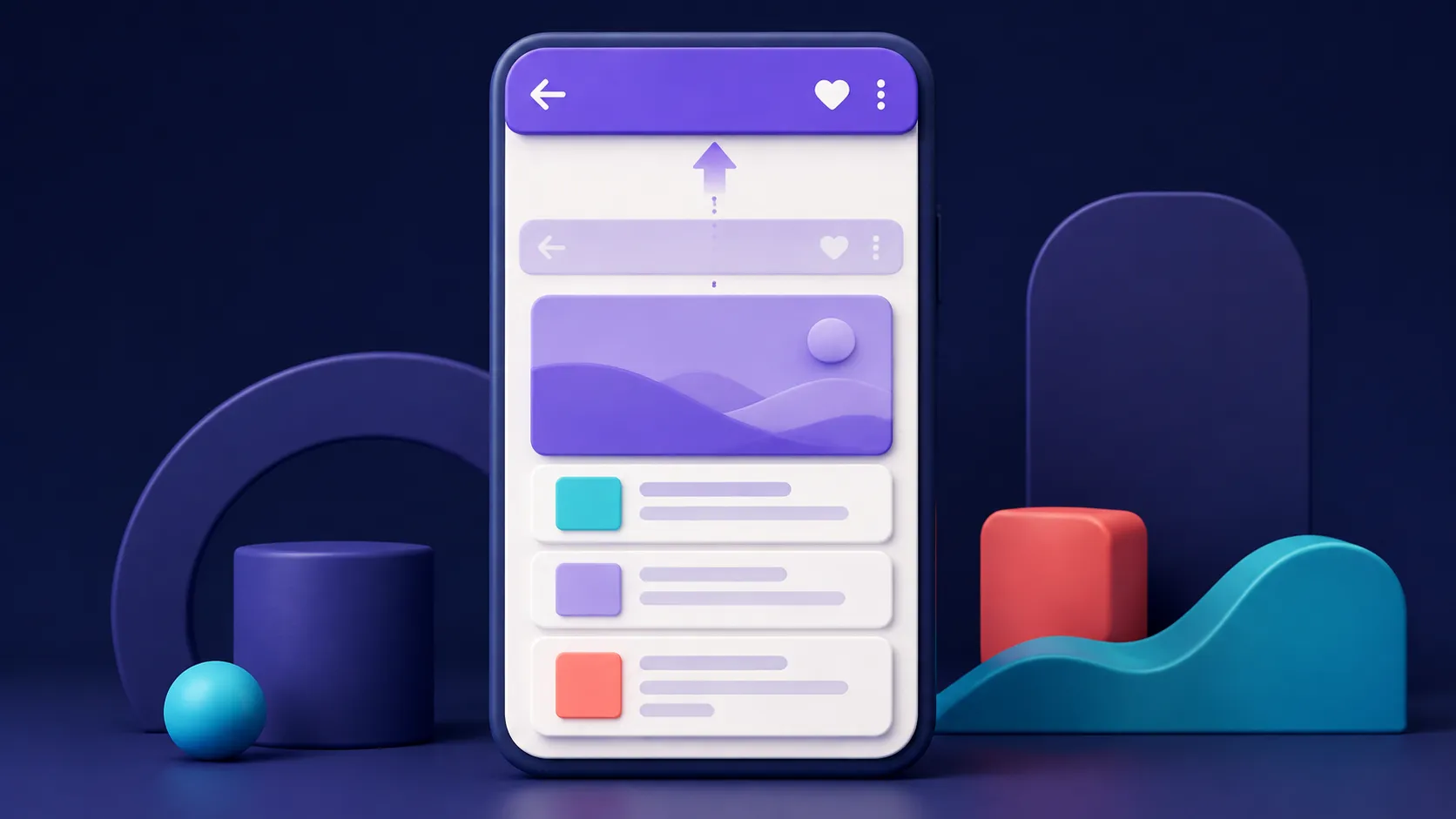 A stylized phone with a purple top app bar, navigation and action icons, and a second app-bar layer moving over scrolling content.