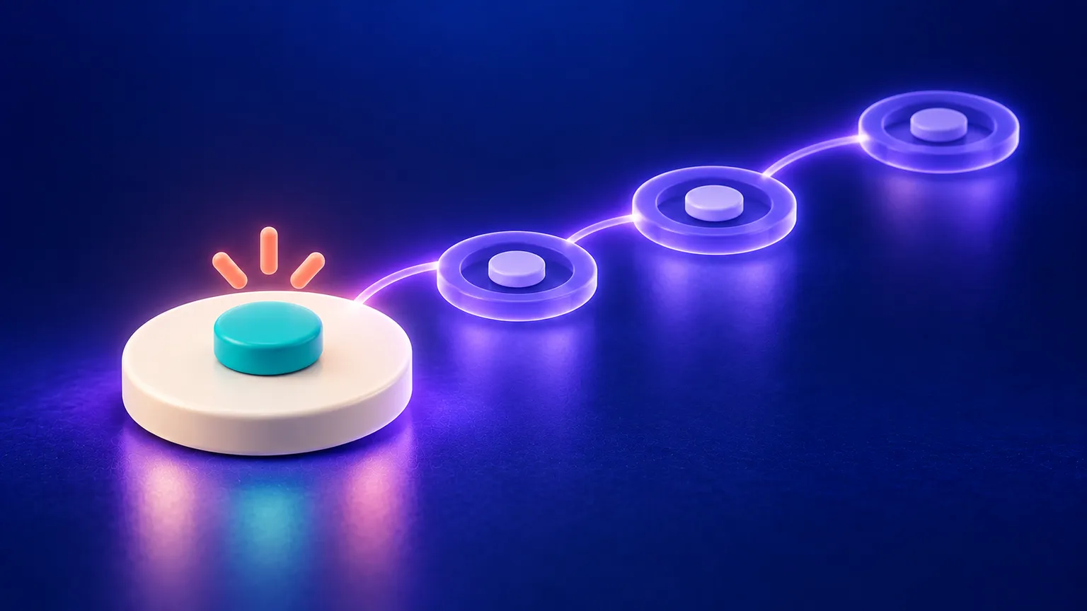A teal interactive control sits on a warm off-white platform with a violet focus path and a small coral touch target highlight on a deep navy background.