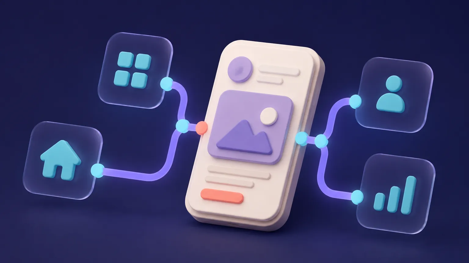 A stylized phone connected to several destination cards by a branching violet navigation path.
