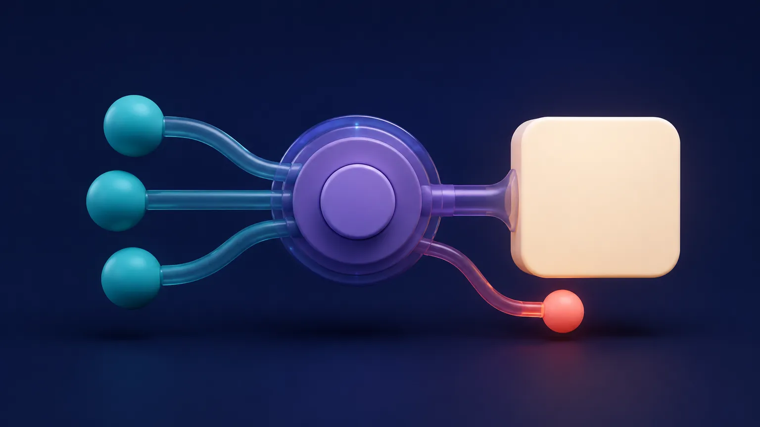 Three teal event spheres enter a violet control hub that produces a warm off-white state panel and one small coral effect signal.